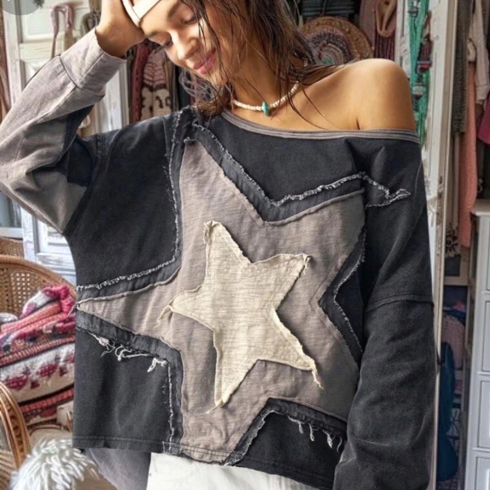 Pol boho Casual Star Patchwork shirt top blouse cotton L